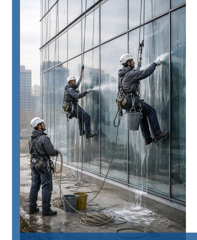 Промышленная мойка панорамных окон на высоте в Елизове