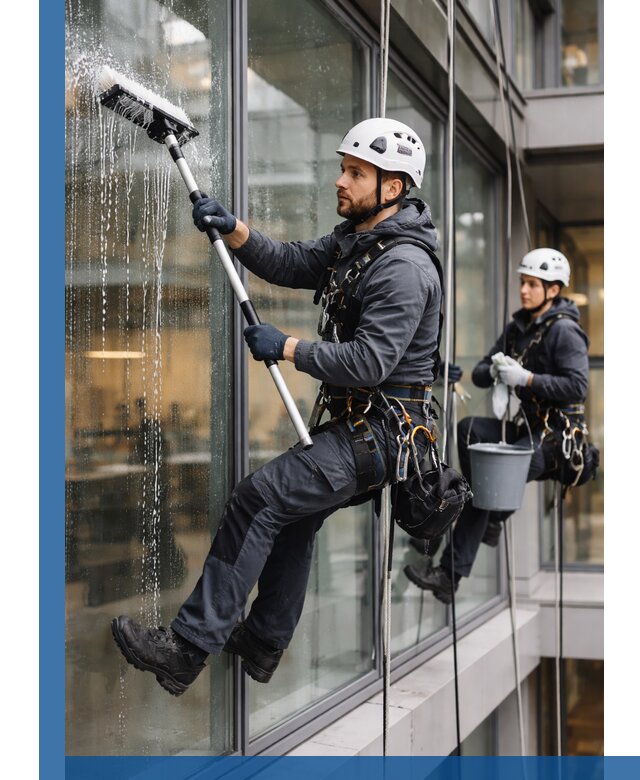 Профессиональная мойка витражей промышленными альпинистами в Елизове