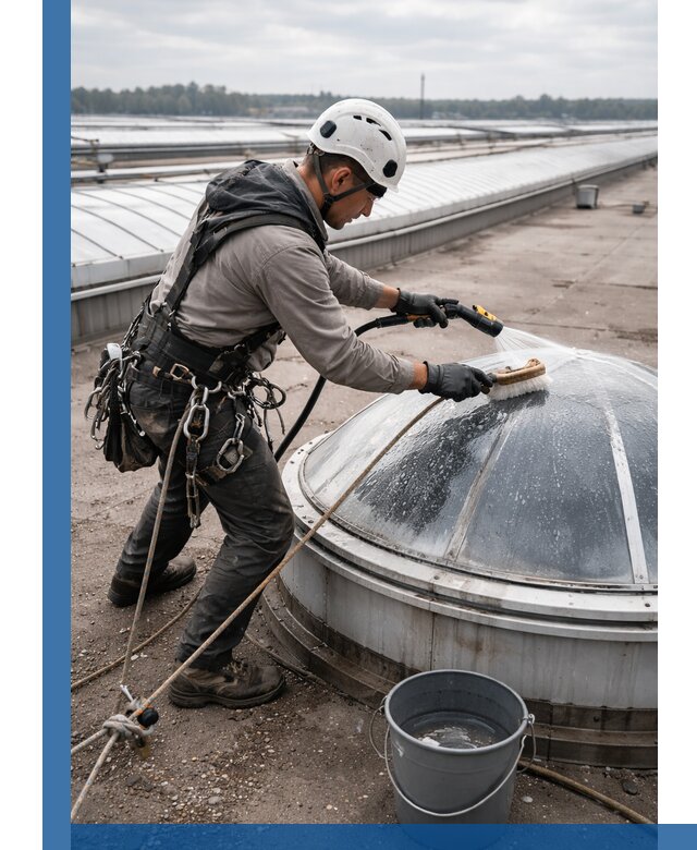 Мойка зенитных фонарей на кровле для промышленных объектов в Елизове