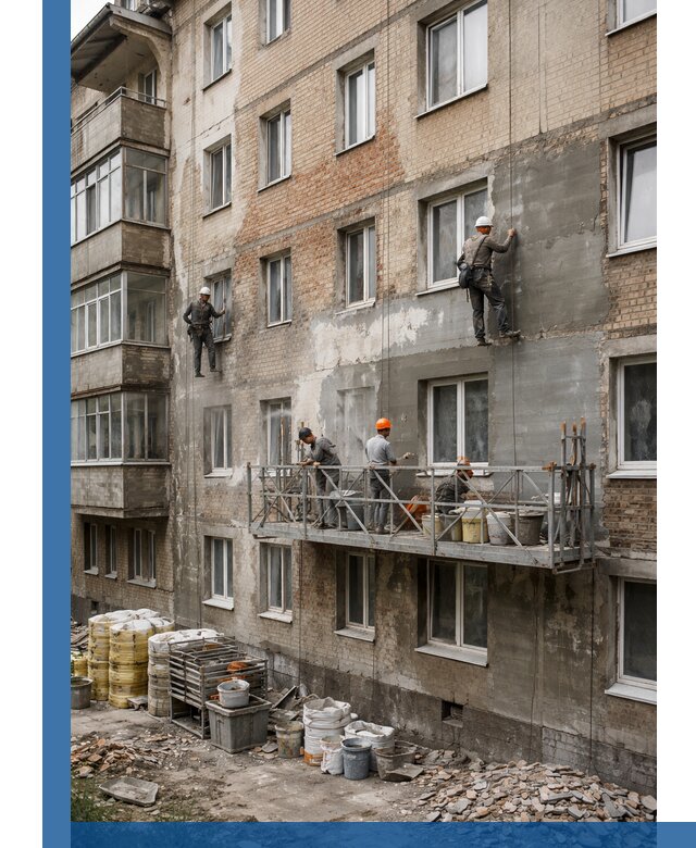 Капитальный ремонт фасада в Елизове с восстановлением и гидроизоляцией