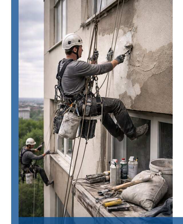 Косметический ремонт фасада зданий в Елизове промышленными альпинистами