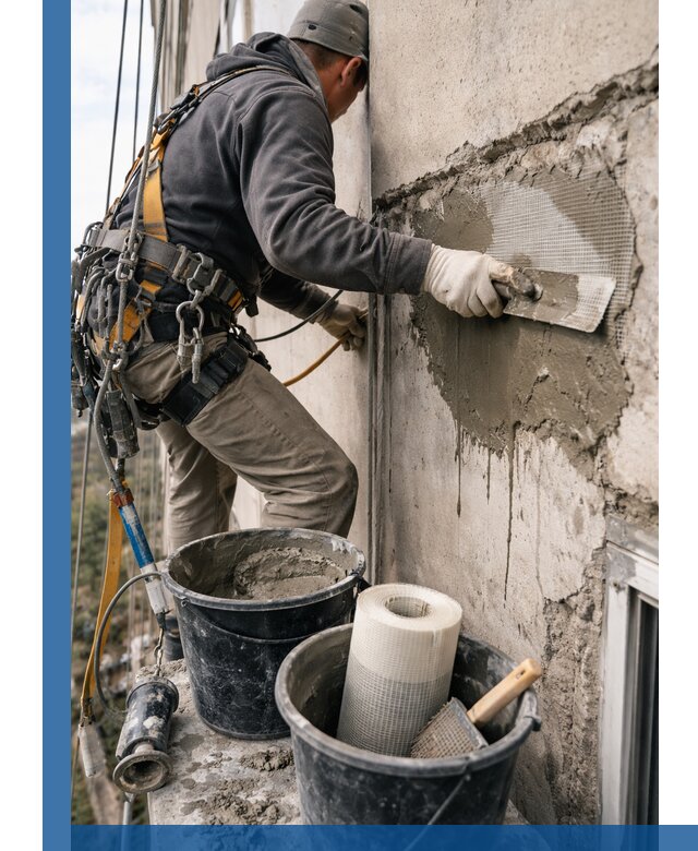 Ремонт бетонных элементов фасада промышленными альпинистами в Елизове