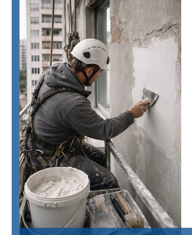 Шпаклевка фасадов на высоте с промальпинистами в Елизове