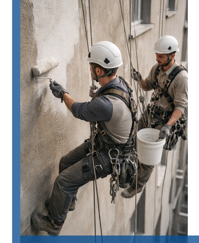 Грунтовка фасада на высоте в Елизове промышленными альпинистами