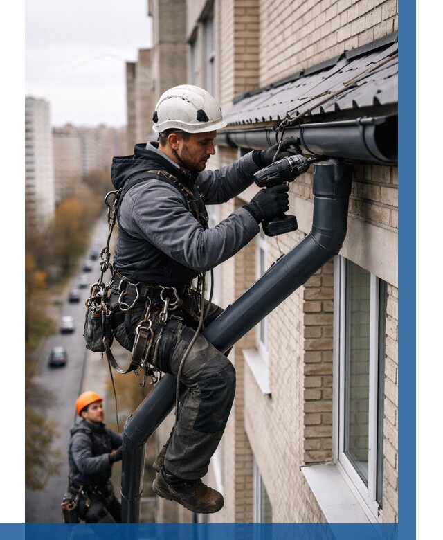 Монтаж водосточной системы на здании в Елизове от 5064 р. | ВЫСОТНИК-Лзв