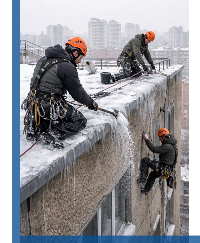 Удаление наледи с кровли в Елизове промышленными альпинистами