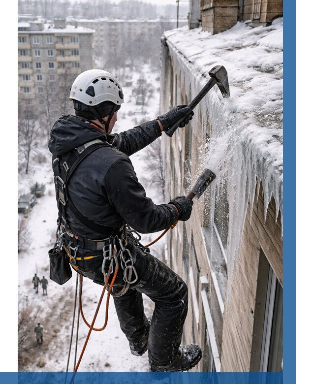 Сбивание сосулек с крыши в Елизове по цене от 4558 р. | ВЫСОТНИК-Лзв