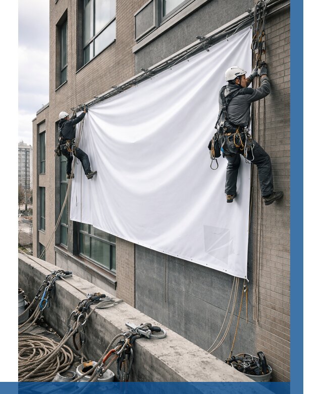 Монтаж баннеров на фасаде в Елизове от 658 р. заказать ВЫСОТНИК-Лзв