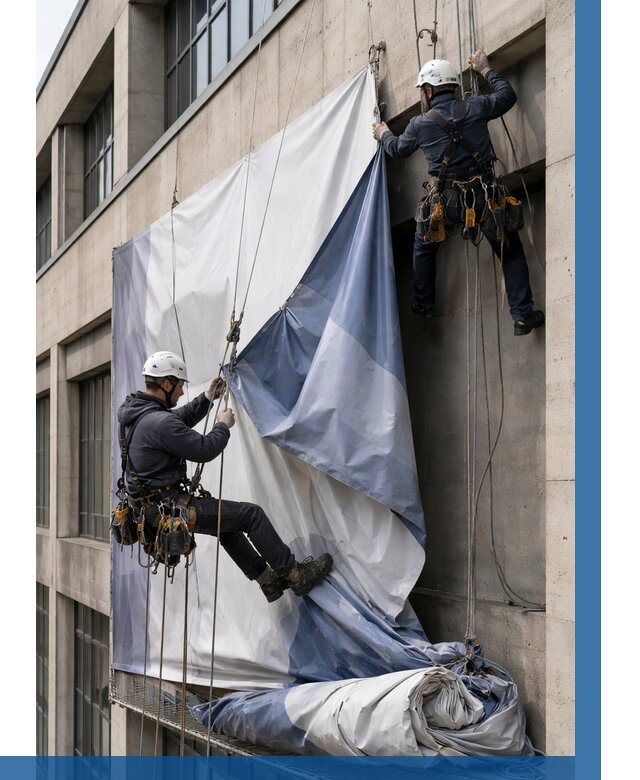 Демонтаж баннеров с фасада в Елизове от 4558 р. | ВЫСОТНИК-Лзв