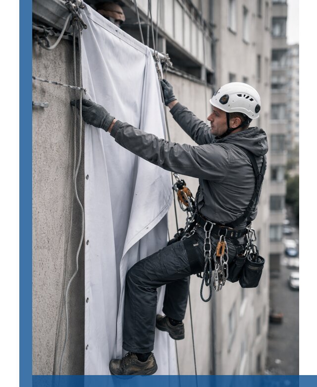 Замена баннерного полотна промышленными альпинистами в Елизове