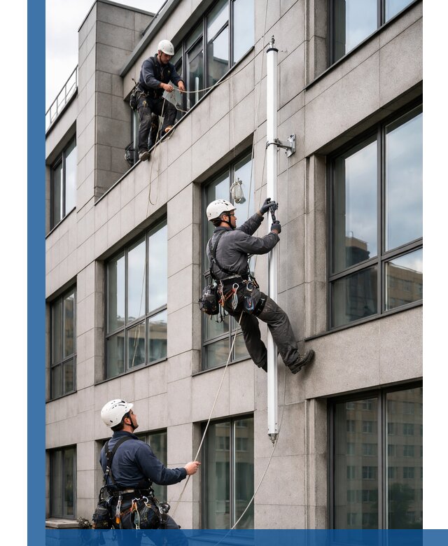 Монтаж флагштока на фасаде здания с креплением и герметикой в Елизове