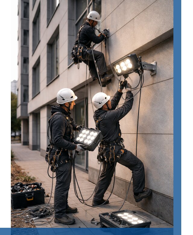 Монтаж прожекторов на фасаде в Елизове от 7596 р. | ВЫСОТНИК-Лзв