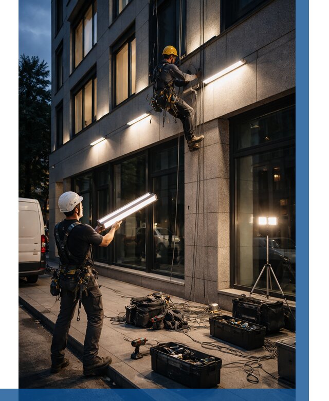 Монтаж архитектурной подсветки здания в Елизове от 2532 р.|ВЫСОТНИК-Лзв