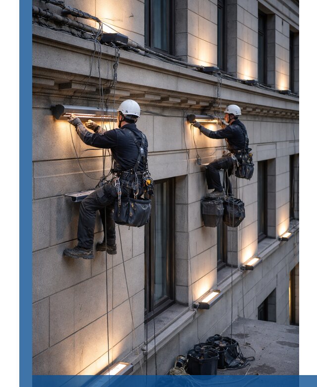 Монтаж архитектурной подсветки фасадов зданий в Елизове