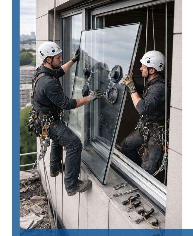 Замена стеклопакетов на высоте с промышленными альпинистами в Елизове