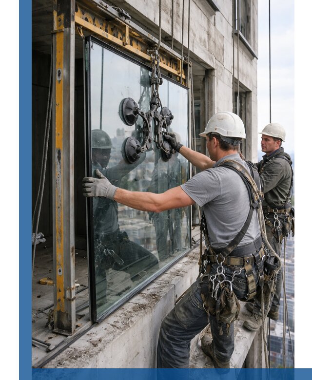 Монтаж стеклопакетов на высоте в Елизове с промышленным альпинизмом