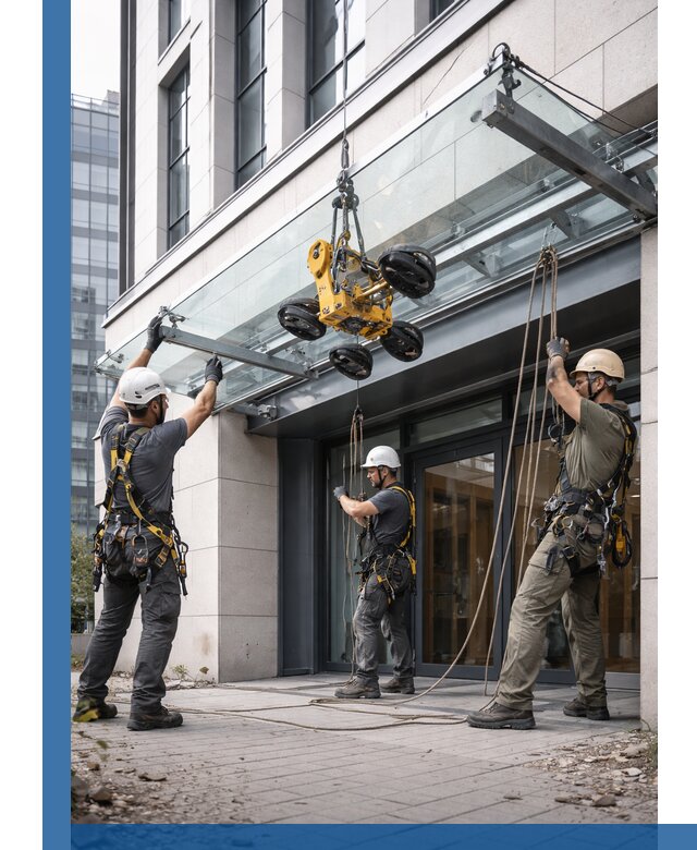 Монтаж стеклянных козырьков под ключ в Елизове для зданий