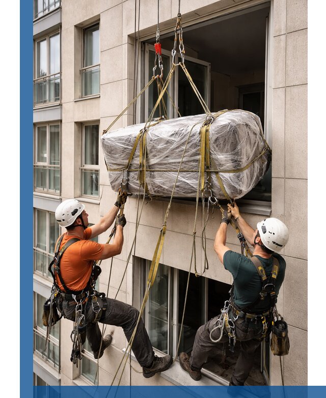 Подъем грузов через окно в Елизове промышленными альпинистами