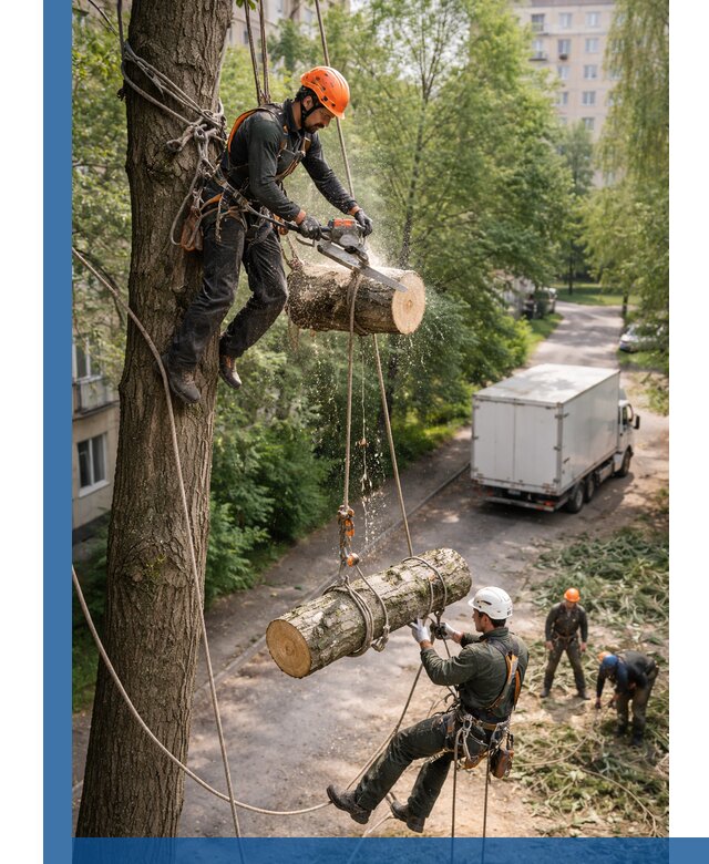 Спил деревьев альпинистами в Елизове, безопасно и без повреждений