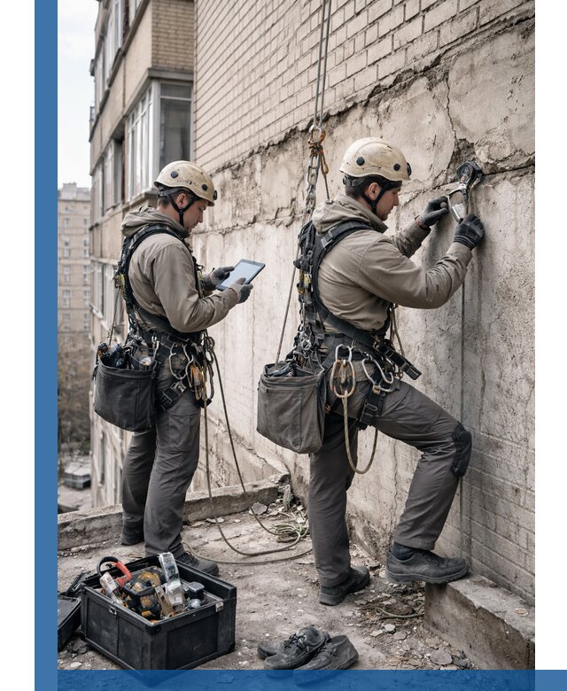 Обследование фасада промышленными альпинистами в Елизове